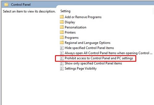 'Prohibit access to Control Panel and PC Settings'