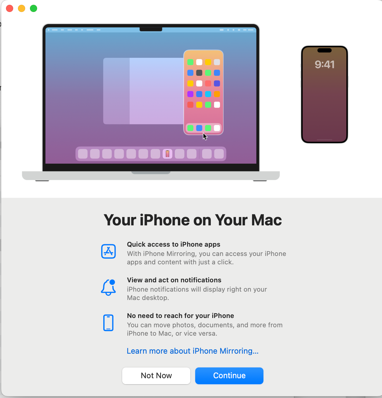 Mac dialog box displaying settings and a confirmation button to set iPhone Mirroring on the Mac.