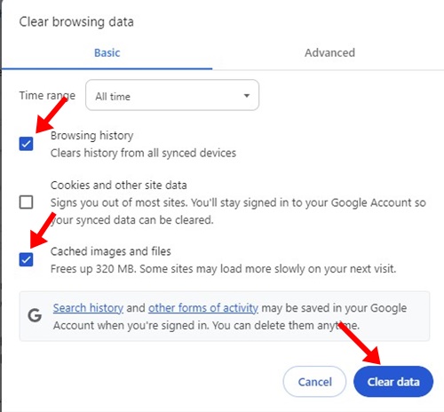 Cookies and other site data