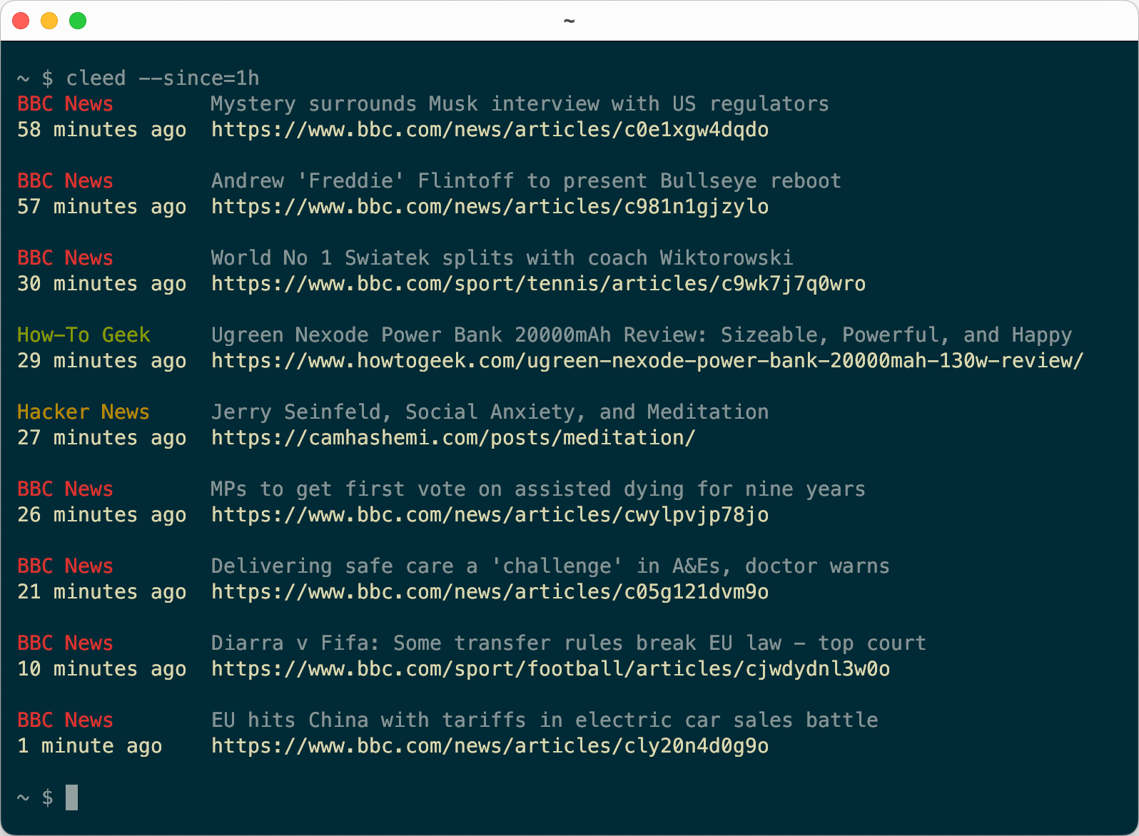 The cleed command line app showing nine stories from three feeds.