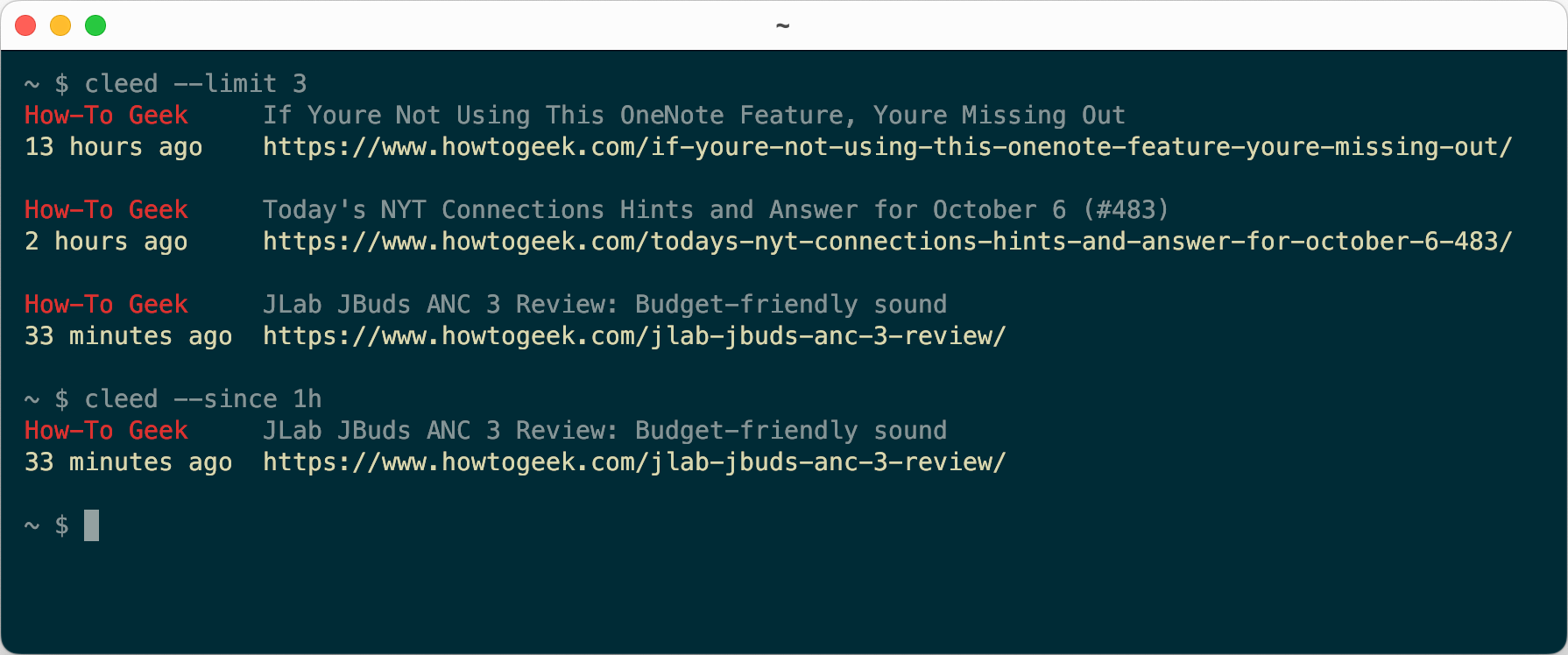 Cleed output showing feeds filtered by time and number.