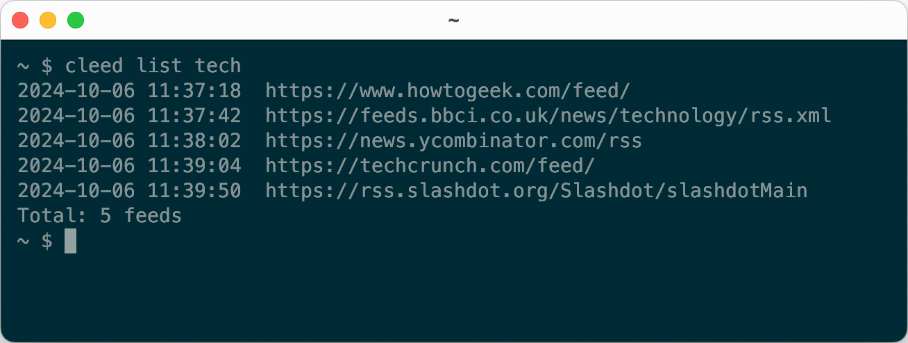 cleed output showing the contents of a list of feeds.