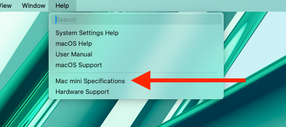 Help menu with options and an arrow pointing to 'Mac mini Specifications.'