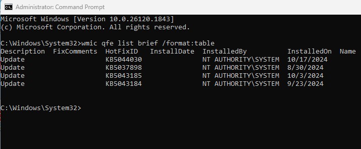 wmic qfe list brief /format:table