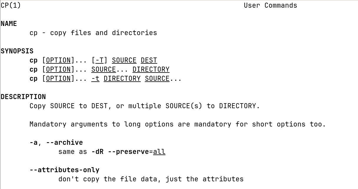 The manual page for the copy command in Linux.