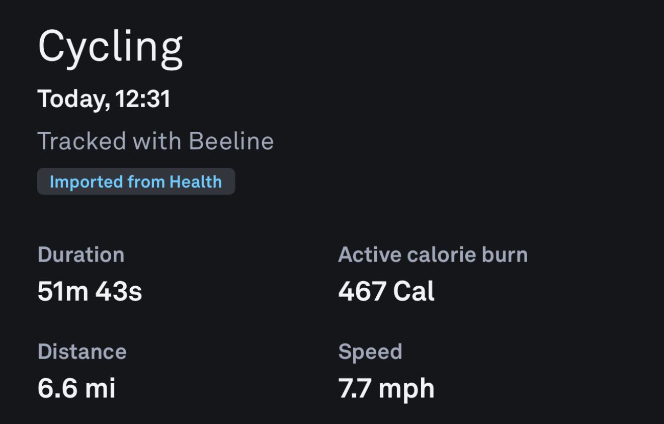 Data from a cycle ride imported from the Beeline app into the Oura app.