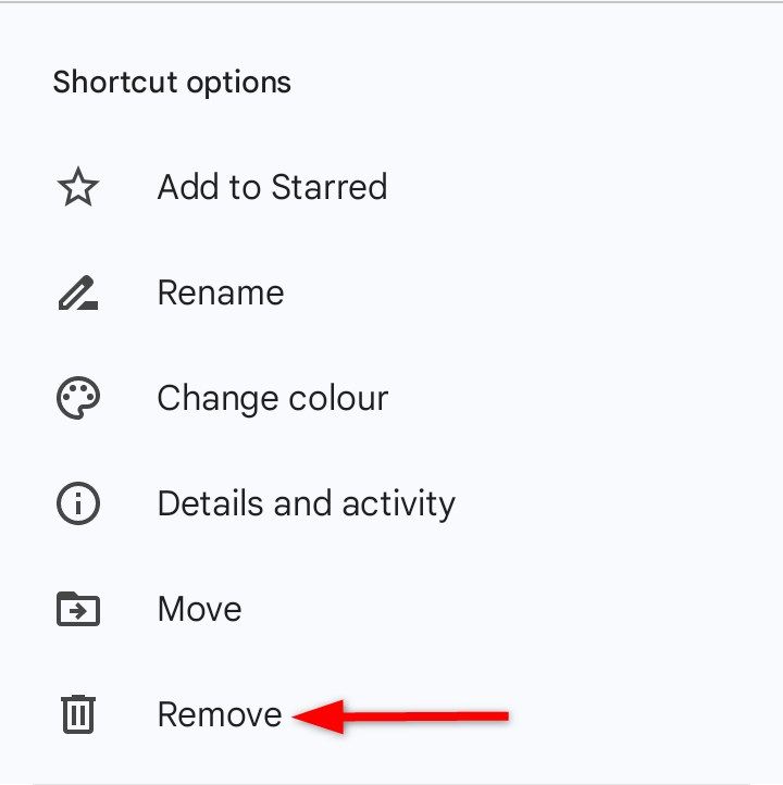 Deleting shortcut in Google Drive.