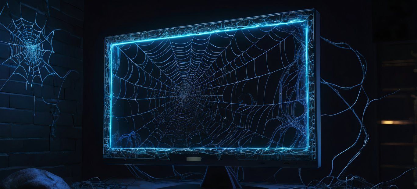 desktop monitor with wires and webs all over it