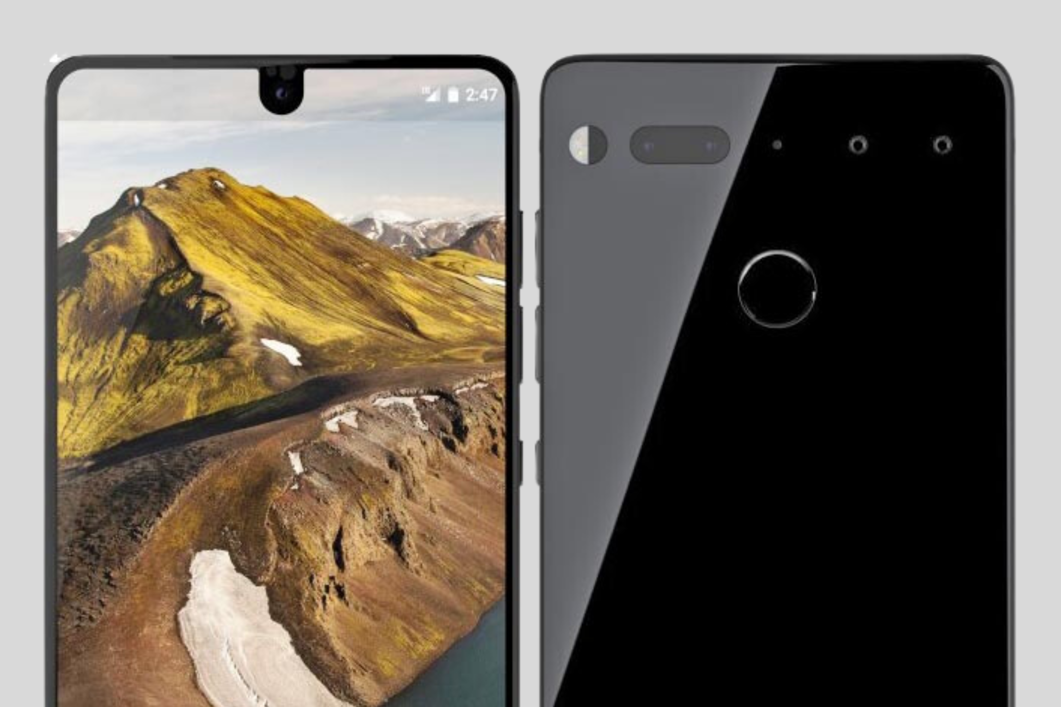 Front anc back of the Essential Phone PH-1 showcasing the teardrop-style notch on the display.