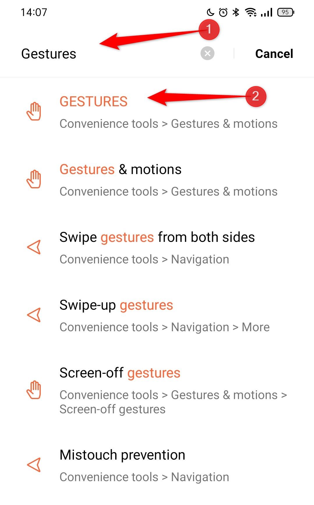 Looking up "Gestures" in Android Settings.