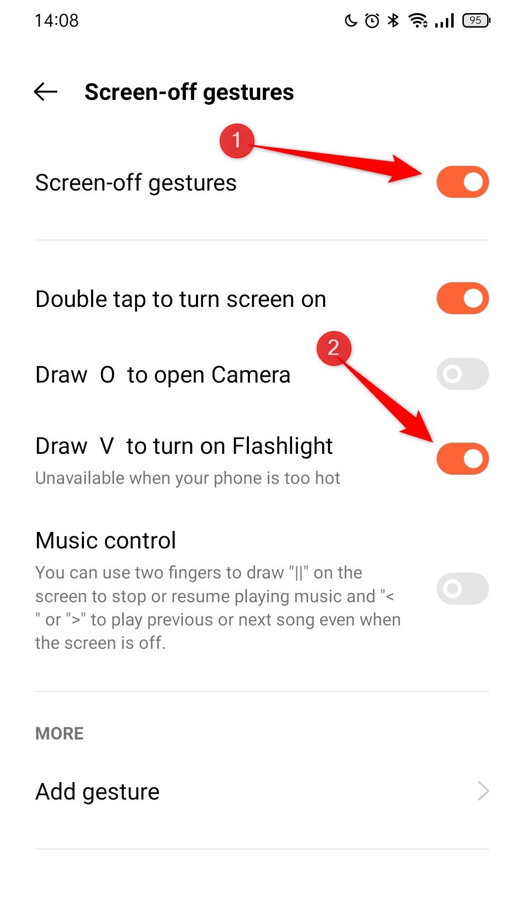 The Gestures menu on an Android phone.