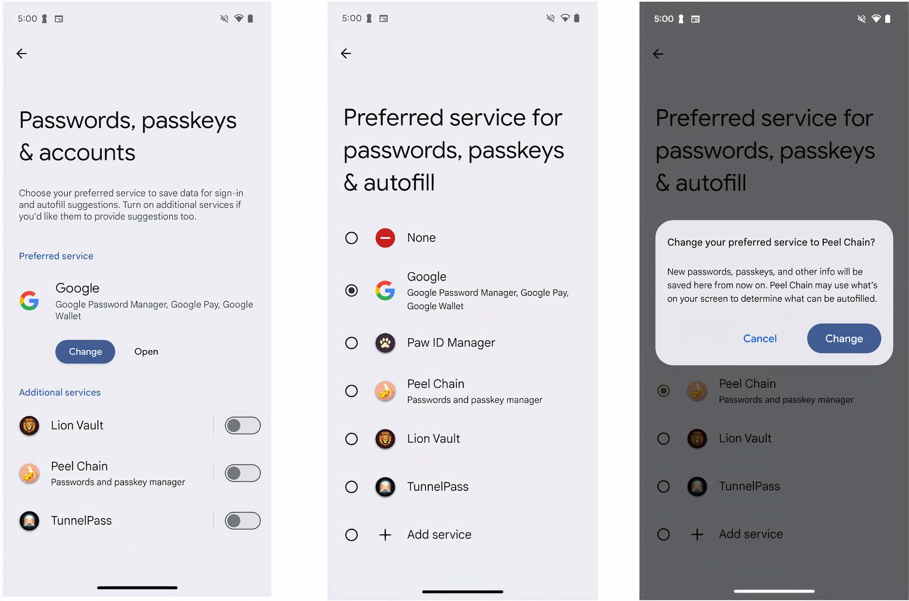 Android screenshots showing setting a preferred autofill service in Chrome.