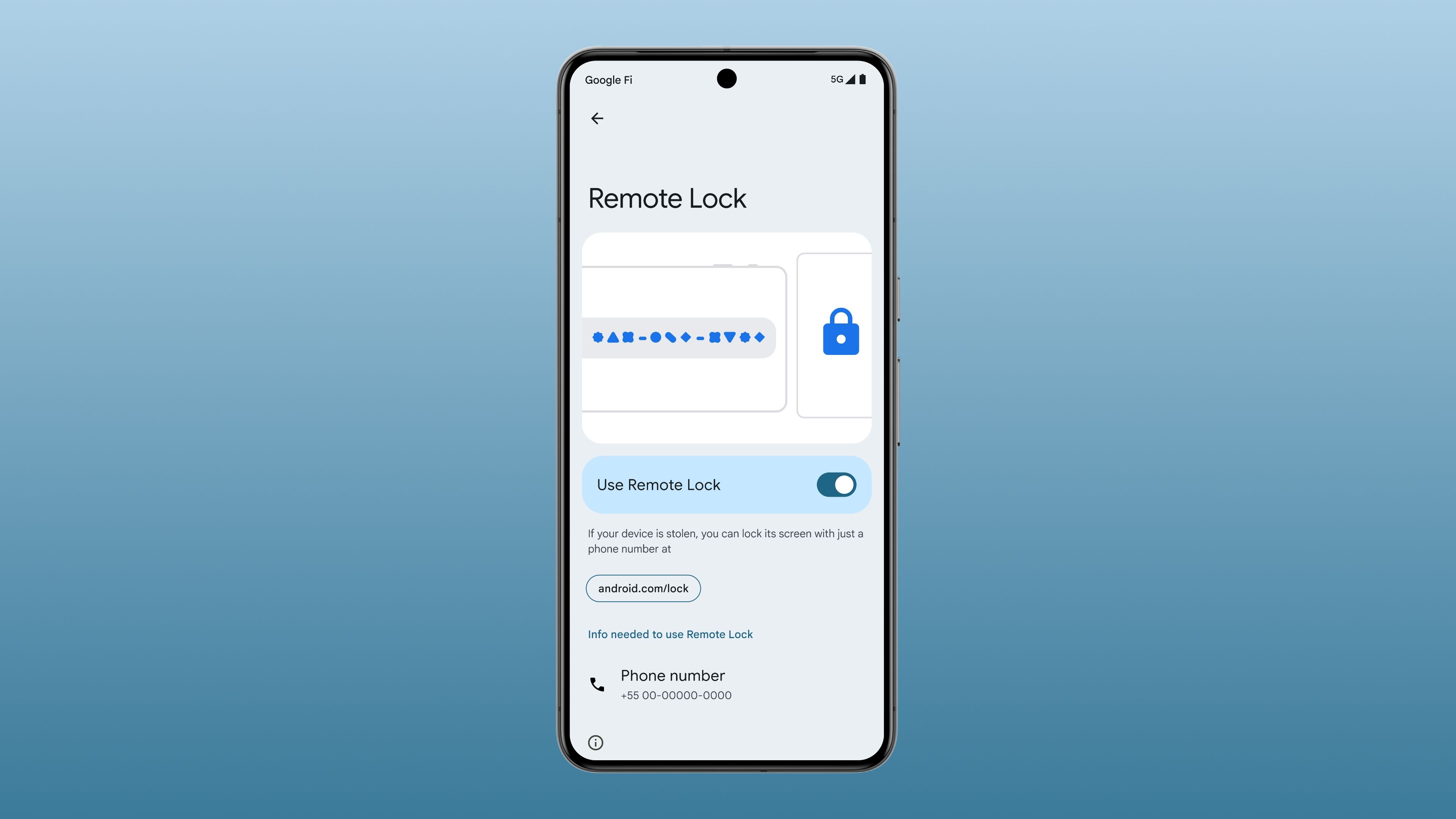 Android phone displaying the Remote Lock settings with the Use Remote Lock option turned on.