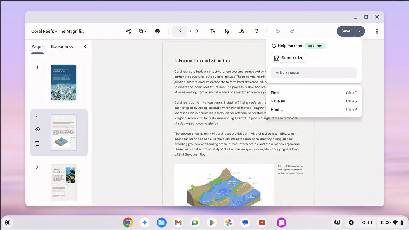 Google Chromebook Plus Help me read AI text summarization