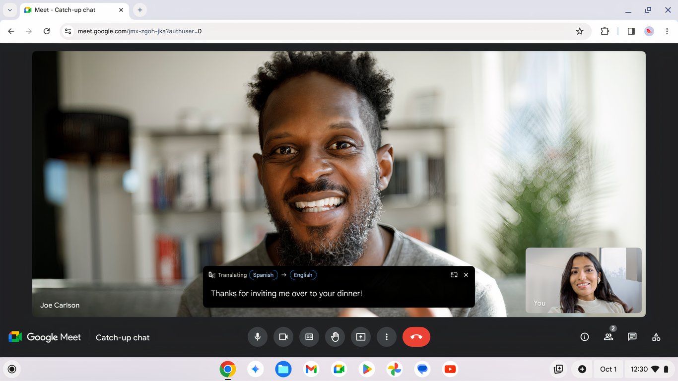 Google Meet call with live translation on a Chromebook Plus laptop.