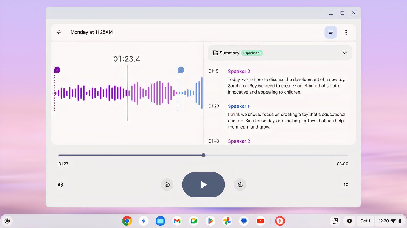 Google Recorder on Chromebook Plus with a transcription summary displayed.