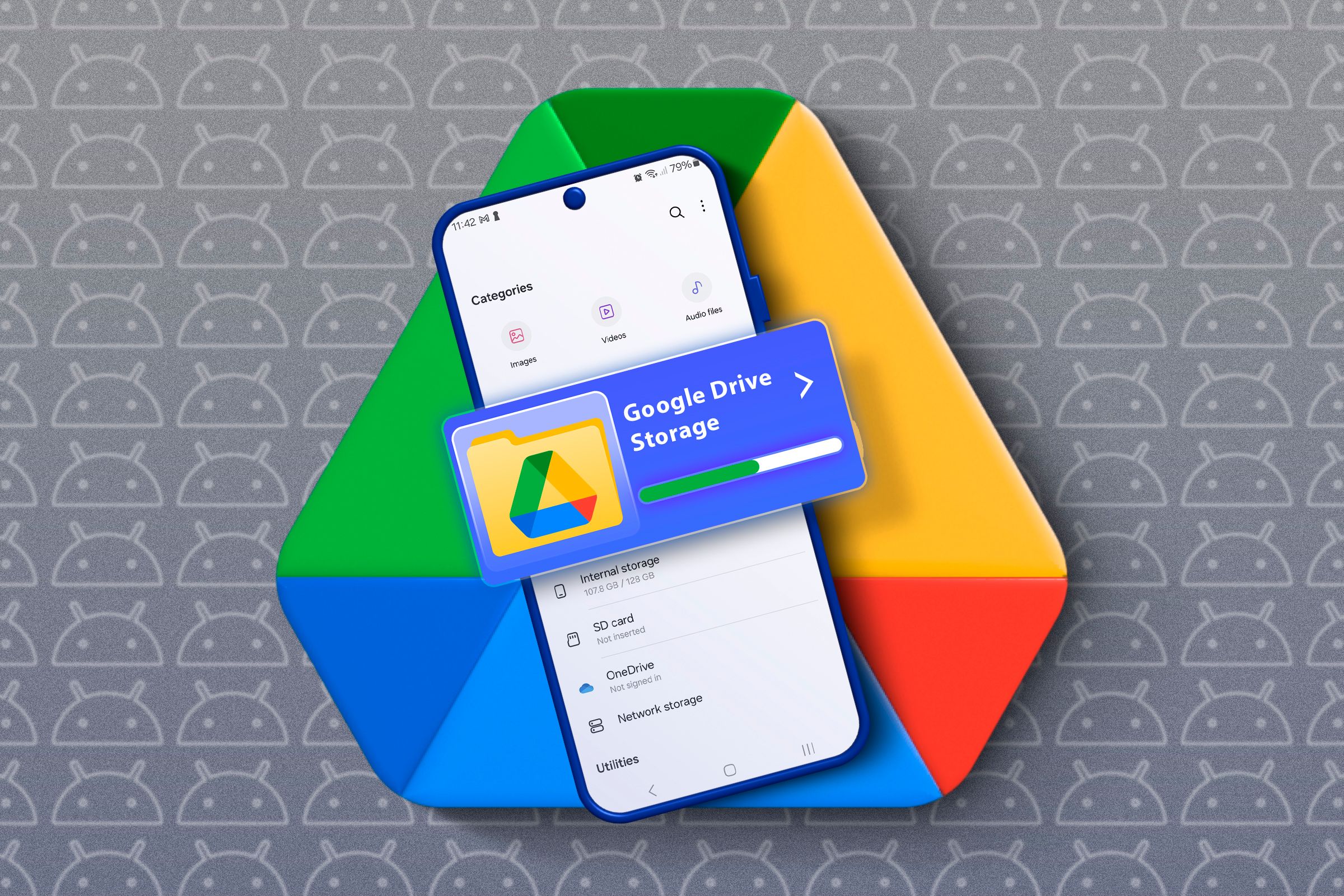 Google Drive logo with a phone lying on top, showing the file manager displaying Google Drive storage.