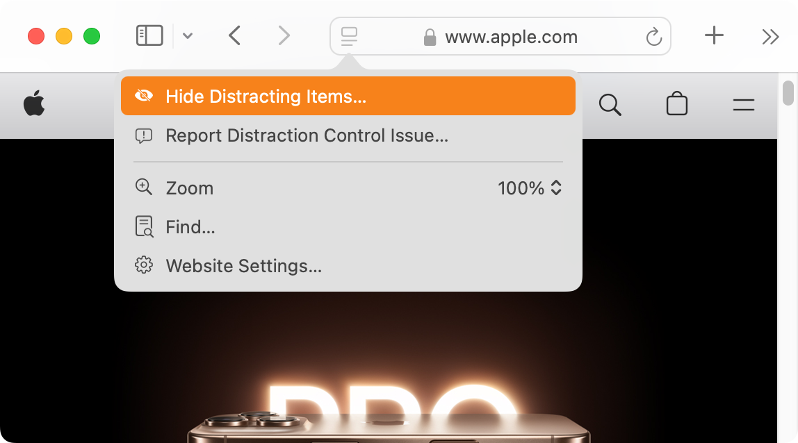 The Hide Distracting Items menu in Safari on Mac.