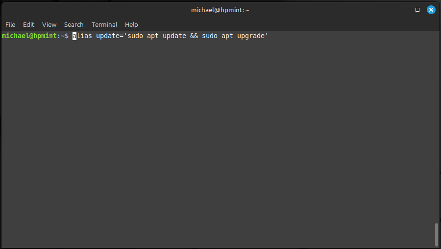 A terminal window displaying the command to create an alias for apt update and upgrade commands