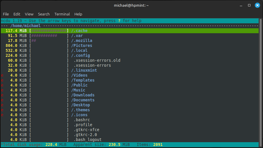 Result of a system scan for disk usage performed by ncdu