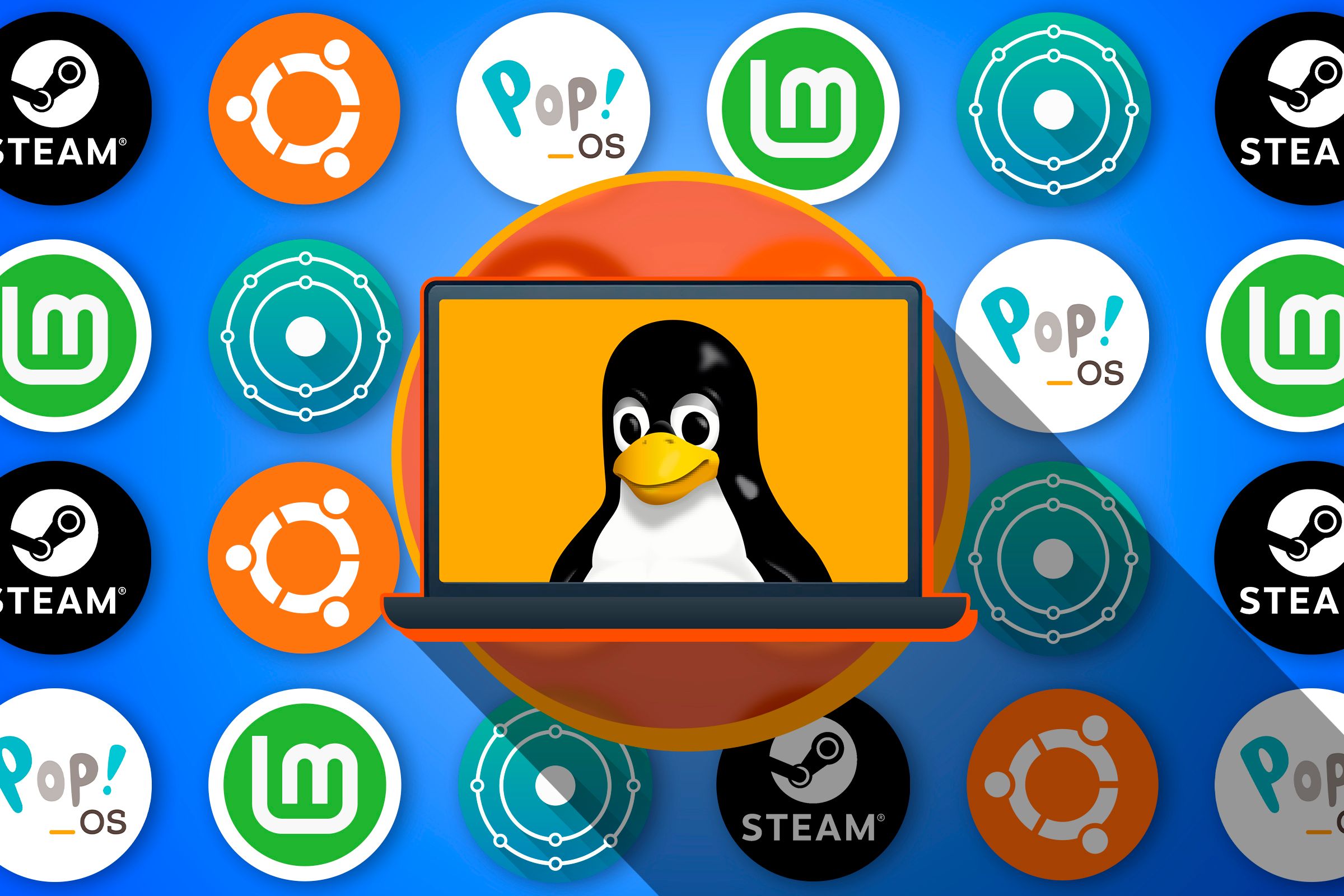 Illustration of a laptop with Tux on the screen and several linux distributions in the background.