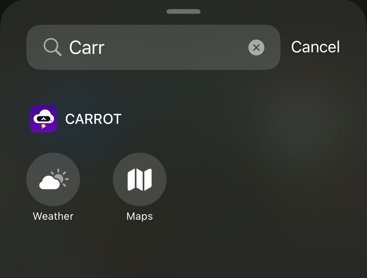 Carrot Weather's Control Center shortcuts.