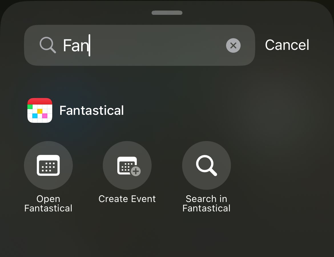 Fantastical's Control Center shortcuts.