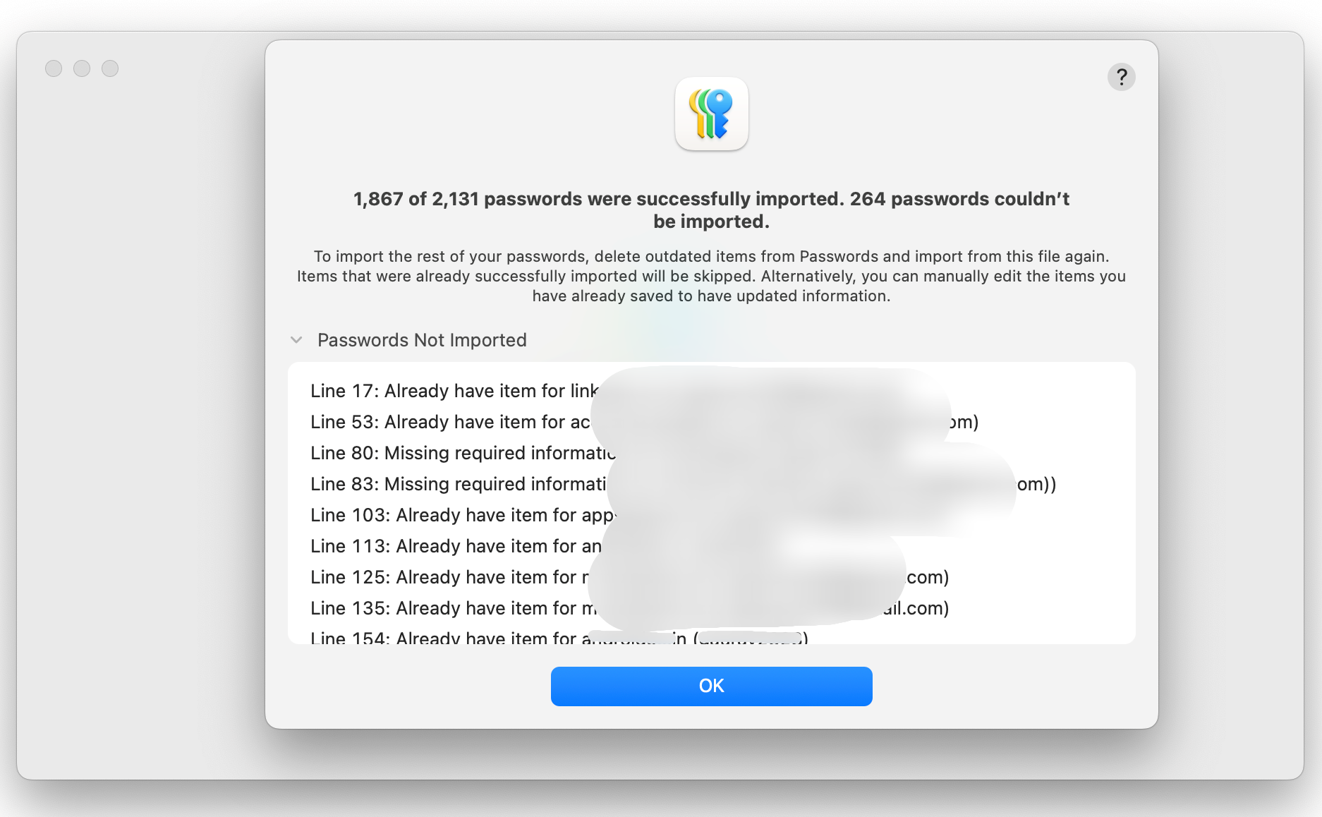 Import complete pop-up in Apple Passwords.