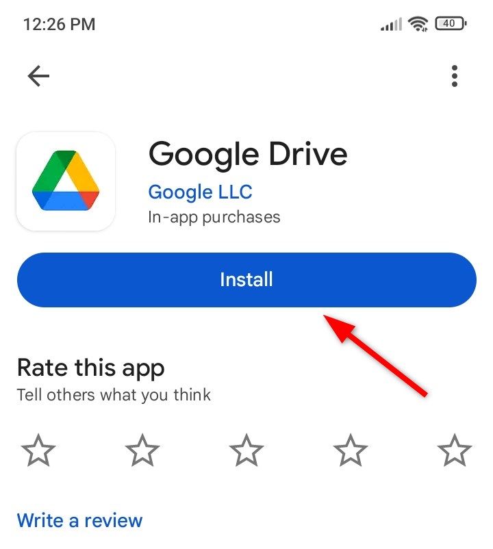 Installing 'Google Drive' application from Play Store.