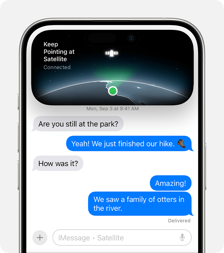 Screenshot of an iMessage conversation with a satellite signal indicator.