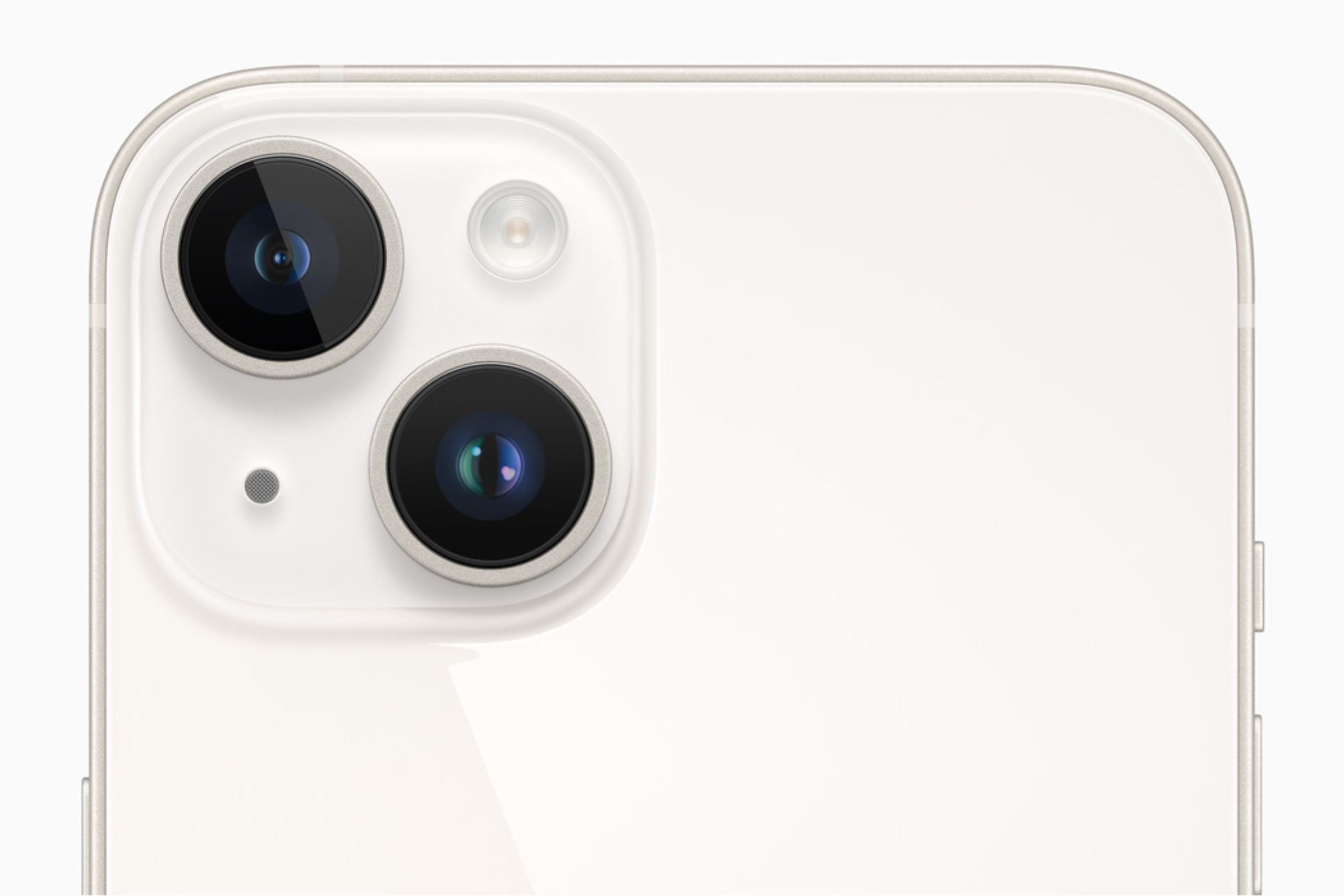 iPhone 14 in white color with its dual camera sensor on the back.