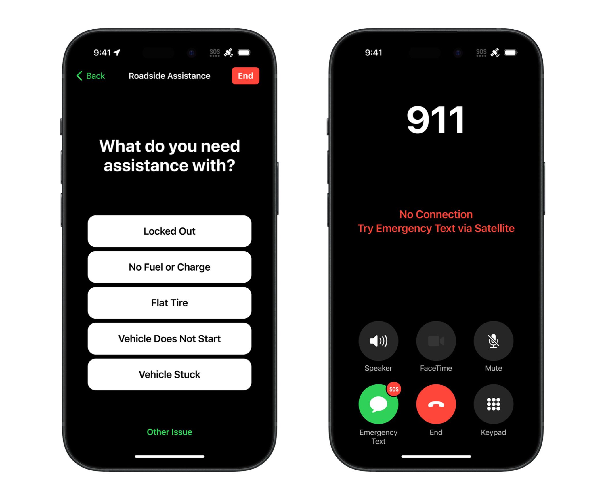 Roadside and Emergency SOS via satellite features on iPhone 15.