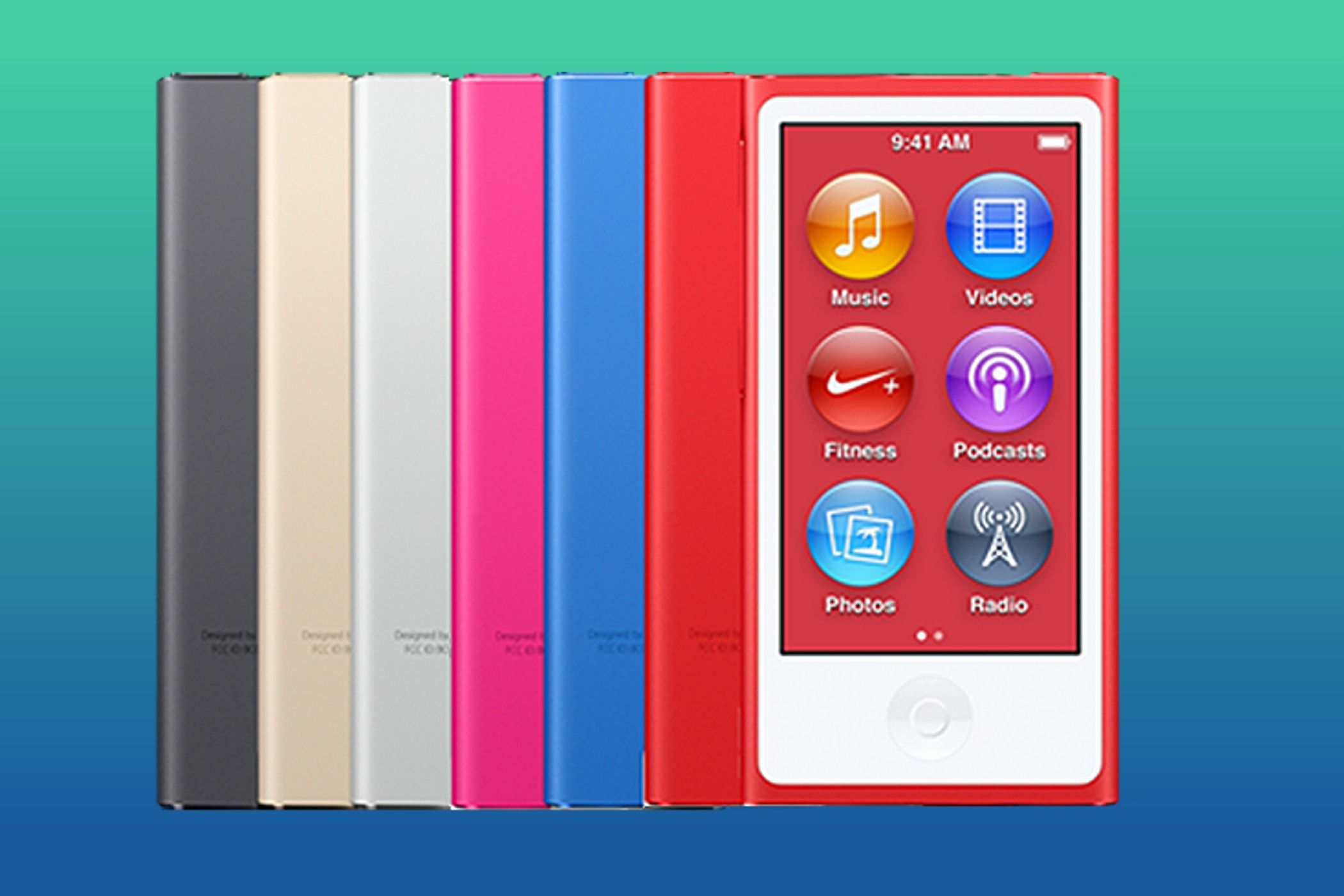 ipod nano 2017 devices in a row 2017 from left to right are black, gold, silver, pink, blue, and red