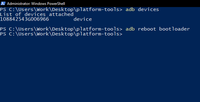 Rebooting into the bootloader using an ADB command.