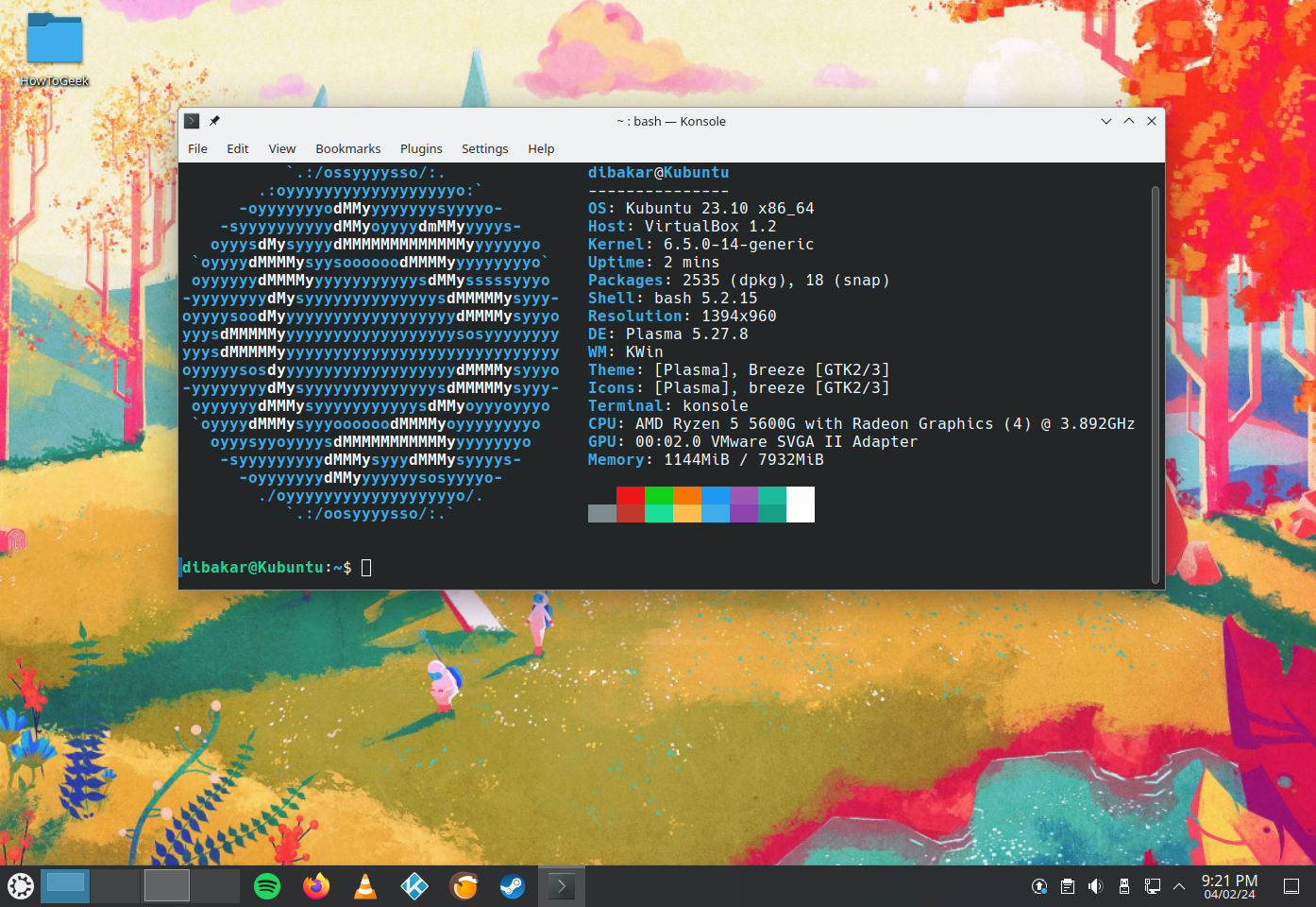 Kubuntu Linux Desktop showing a terminal window of Neofetch.