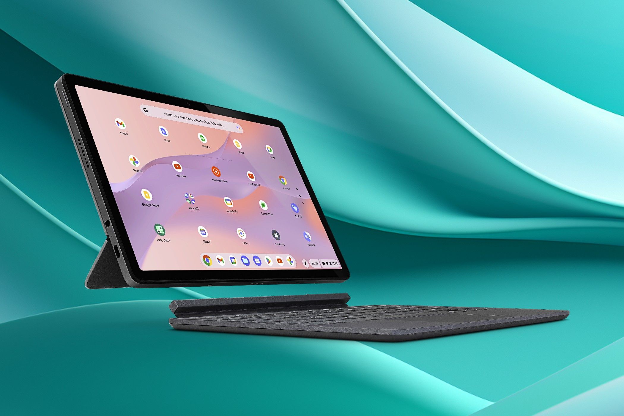 The Lenovo Chromebook Duet 3 V4 with its keyboard detached a on blue background