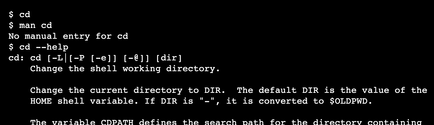The linux cd command with the --help option showing usage.