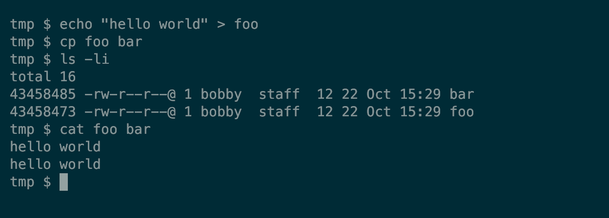 A Linux terminal shows a file being copied and the details of both resulting files.