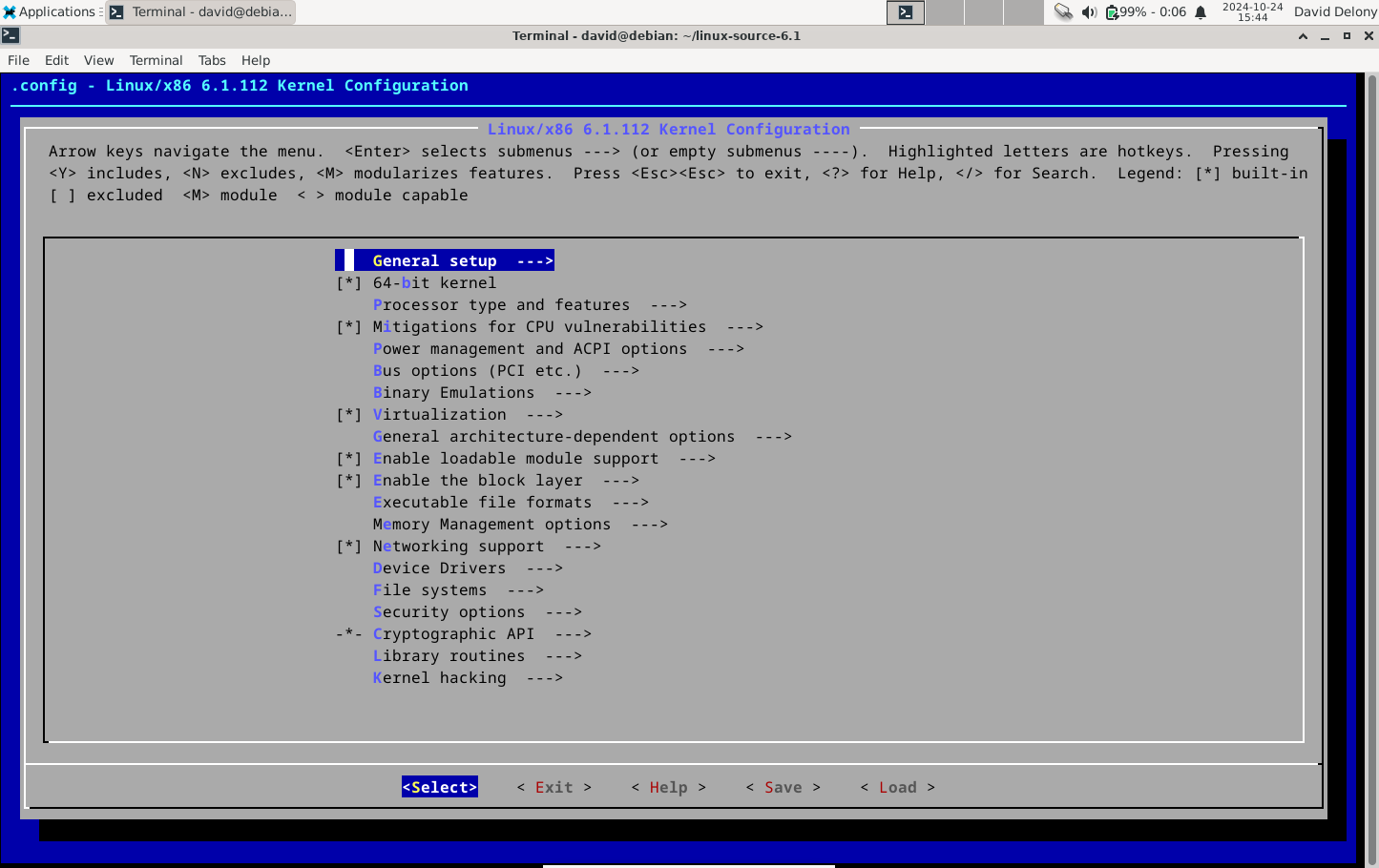 Linux kernel configuration menu in the Linux terminal.