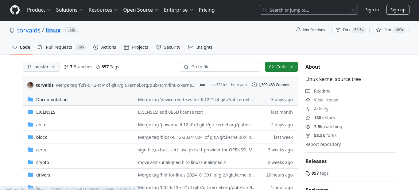 Screenshot of the the Linux kernel source directory on the project's official GitHub website. website