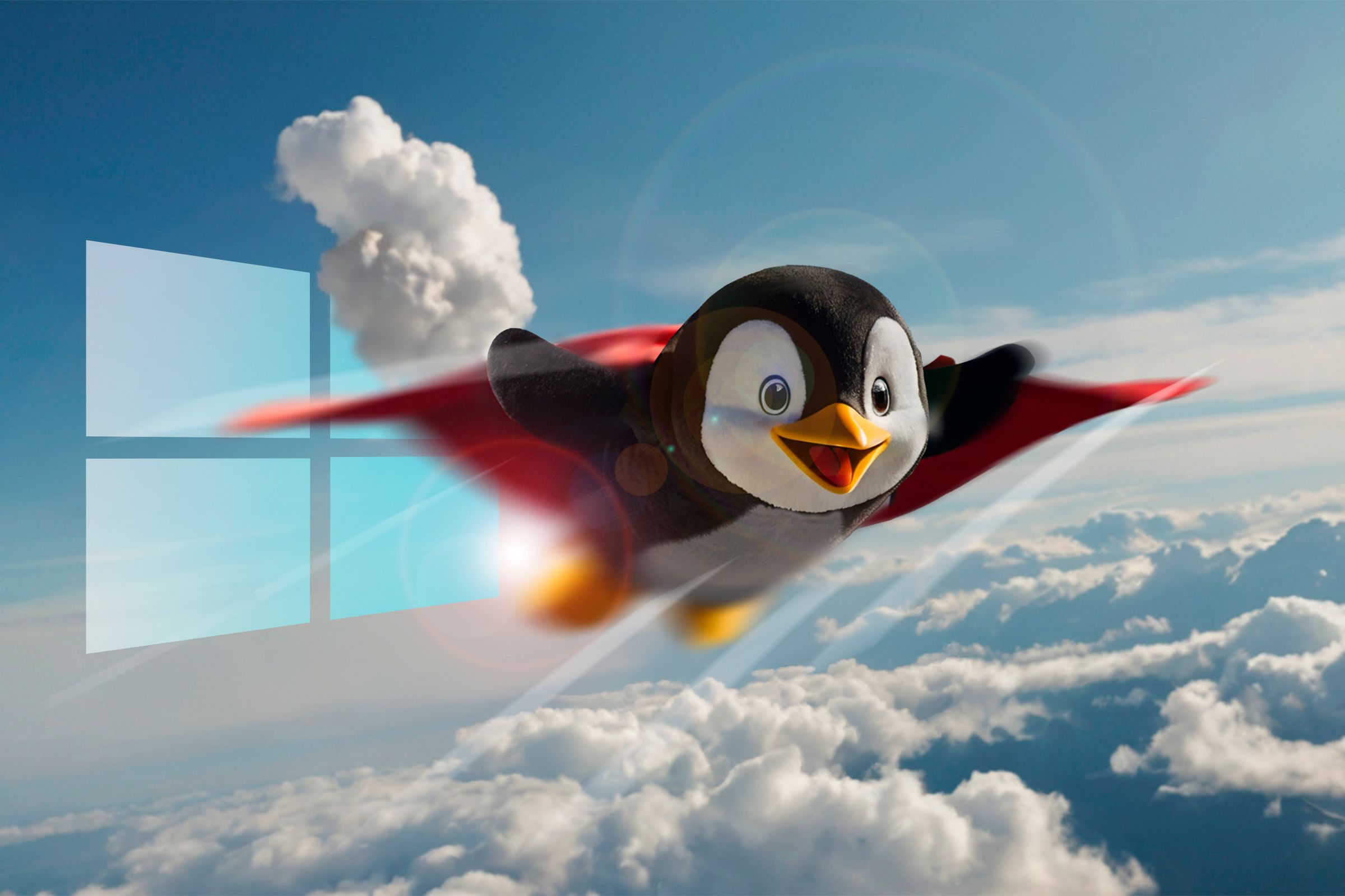 Linux mascot flying happily above the clouds with the Windows logo behind.