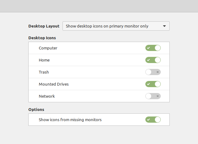 Icon settings in Linux Mint