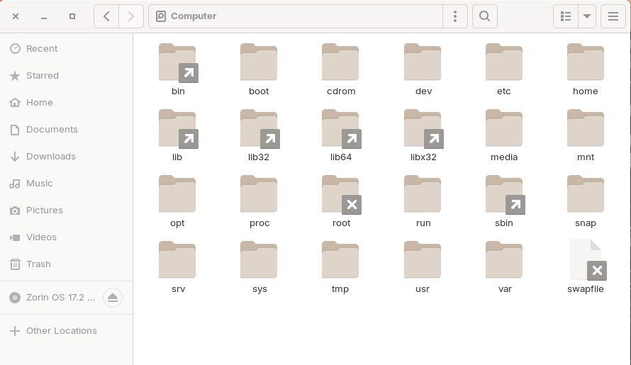 A view of the Linux root directories folders.