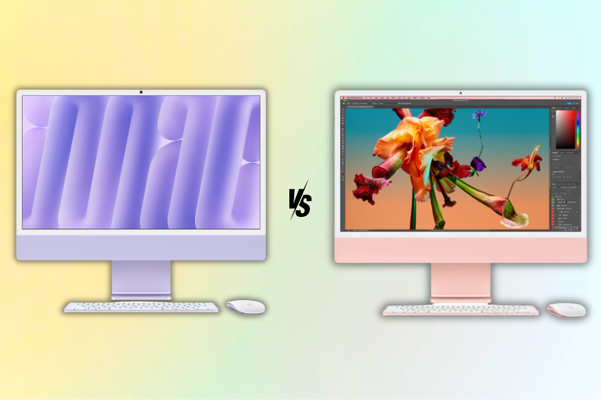 Image of the M4 iMac and the M3 iMac side by side with a versus symbol in the middle.