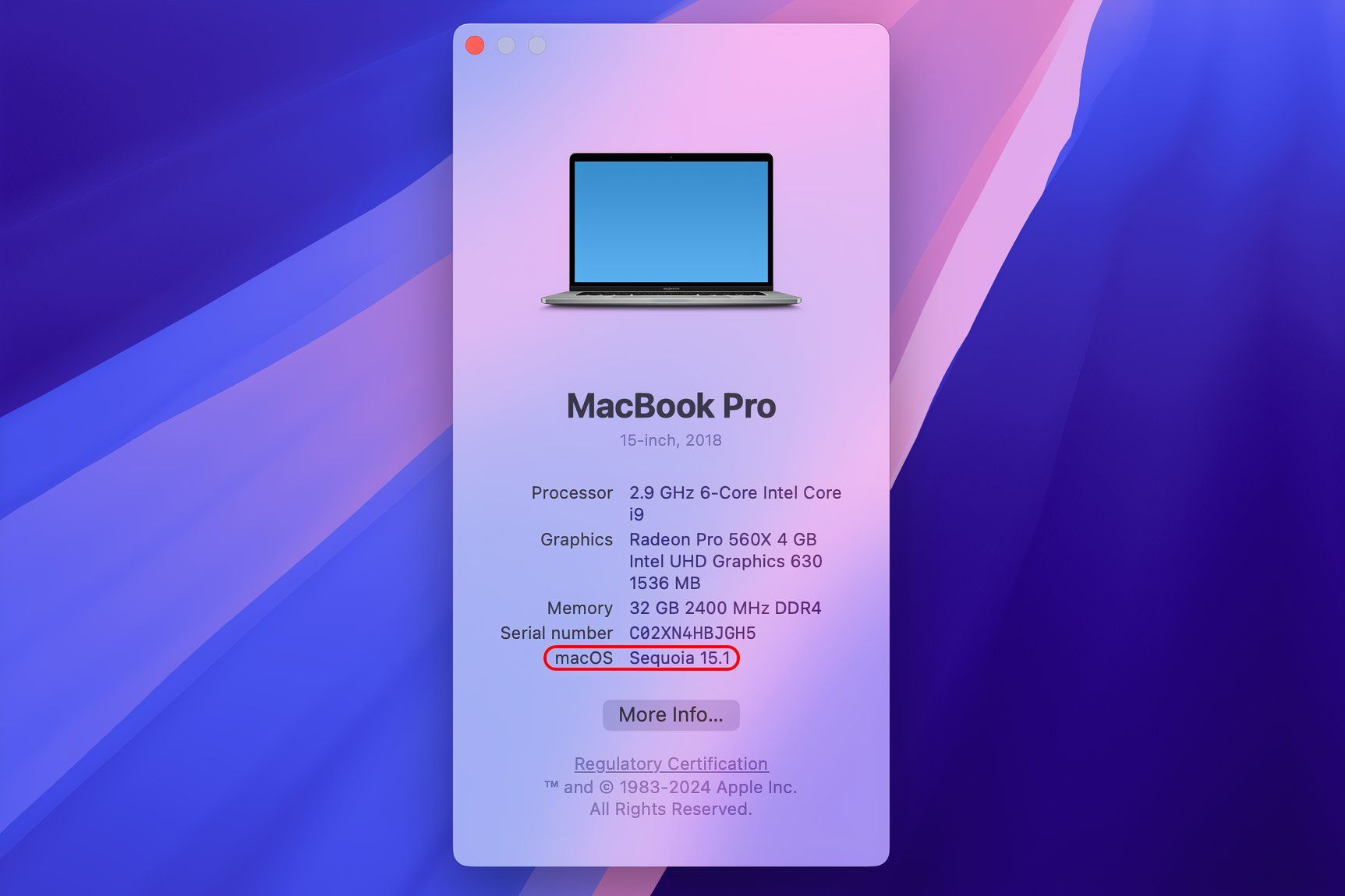 The About This Mac window on macOS Sequoia displaying the annotated macOS version number.