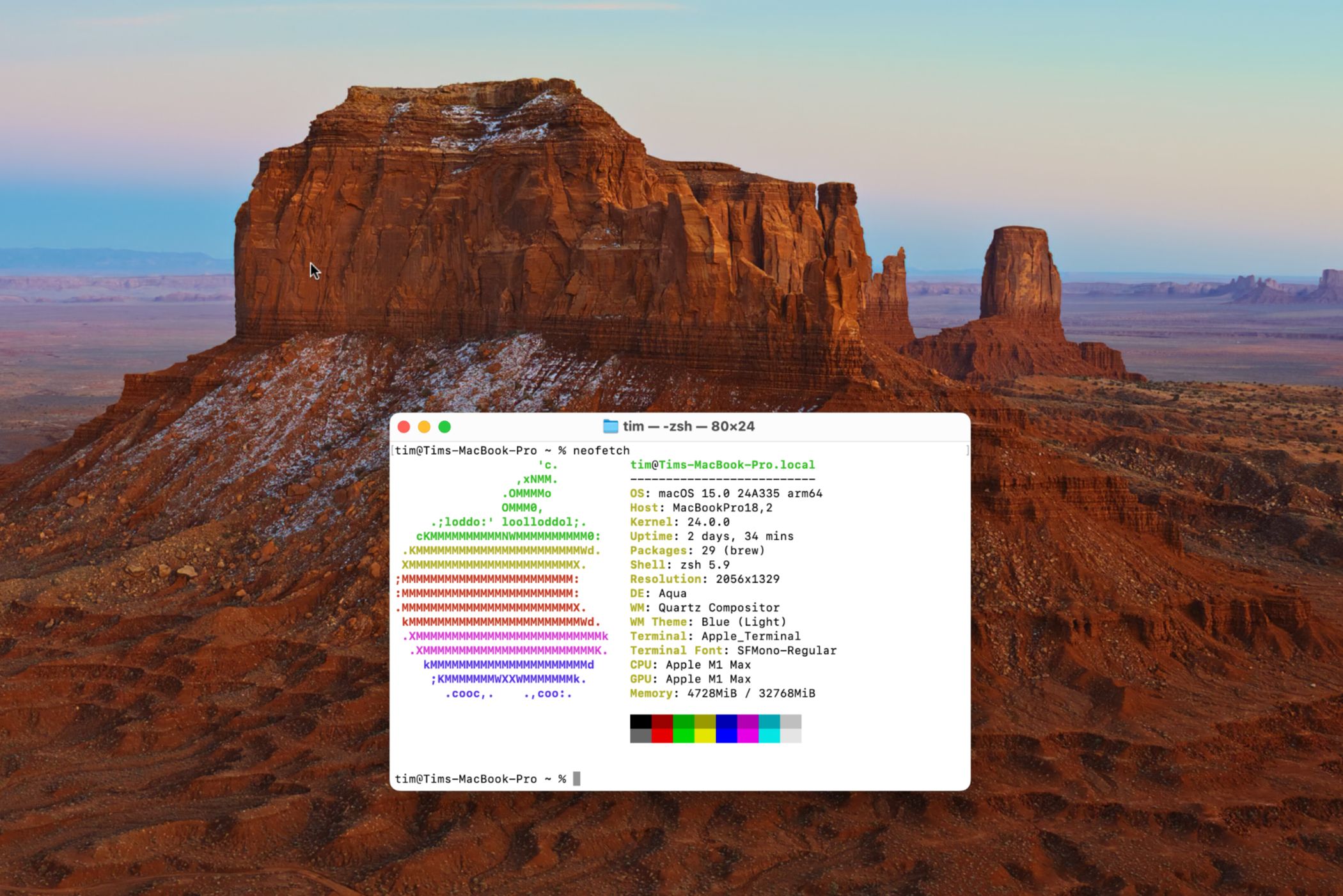 macOS Sequoia with an aerial wallpaper displaying neofetch in a Terminal window.