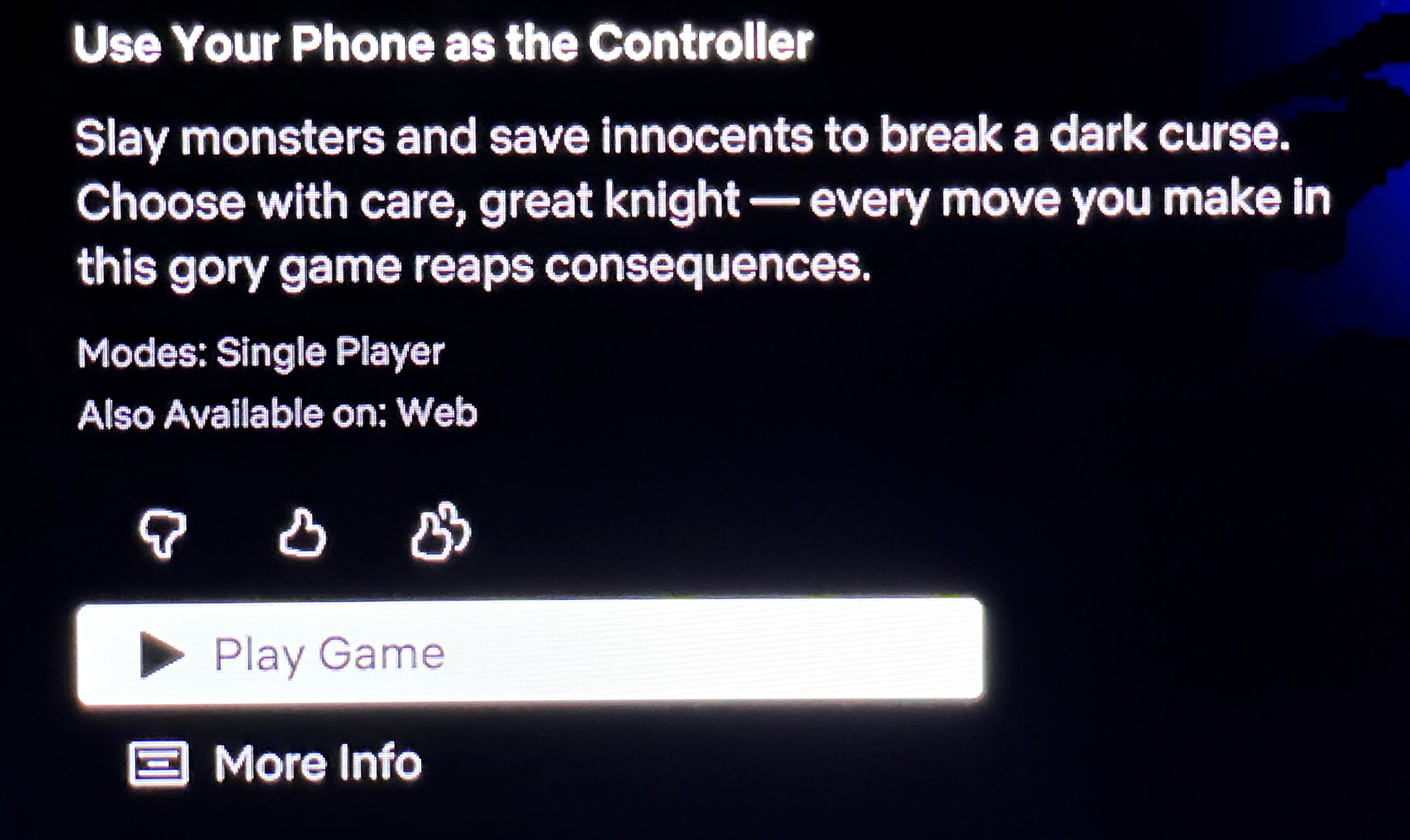 Play Game menu option highlighted in Netflix.