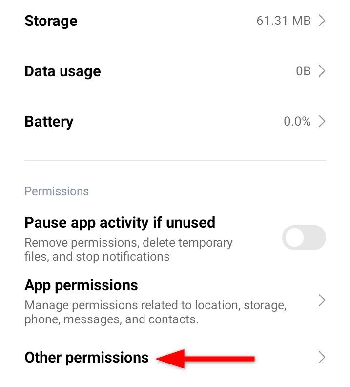 Opening 'Other Permissions' setting of the Google Drive app.