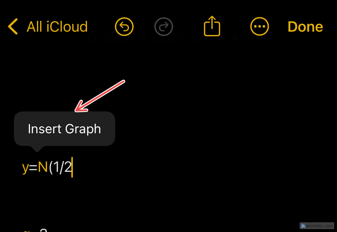 Inserting a graph with Math Notes on the Notes app.