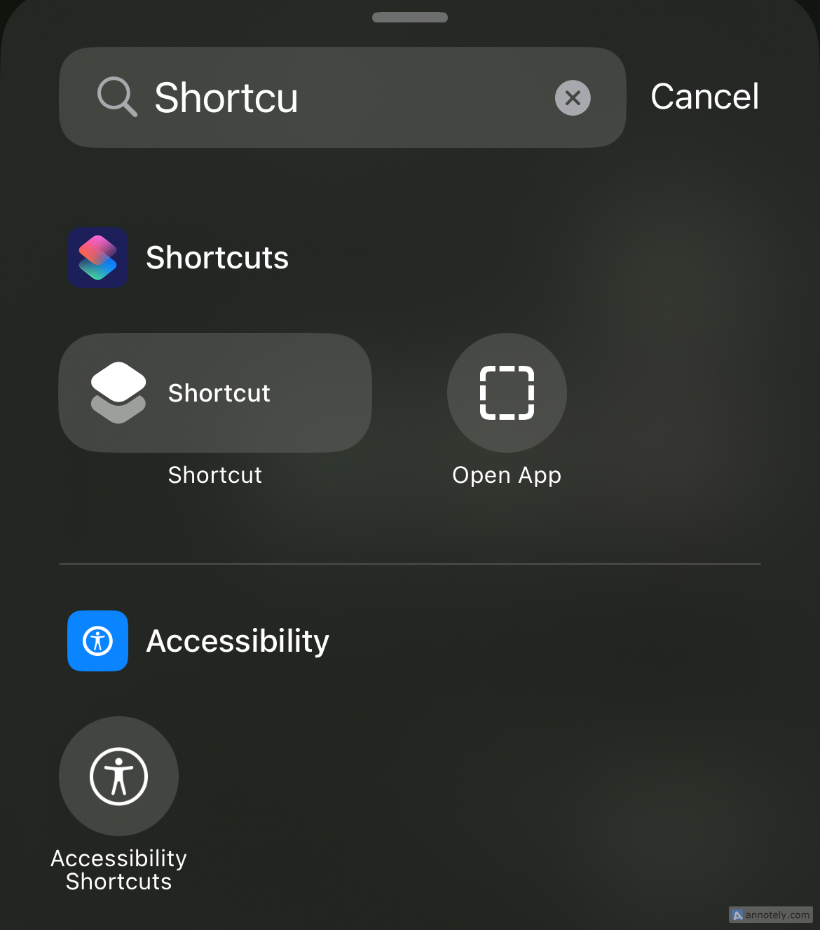 Shortcuts on the Control Center.